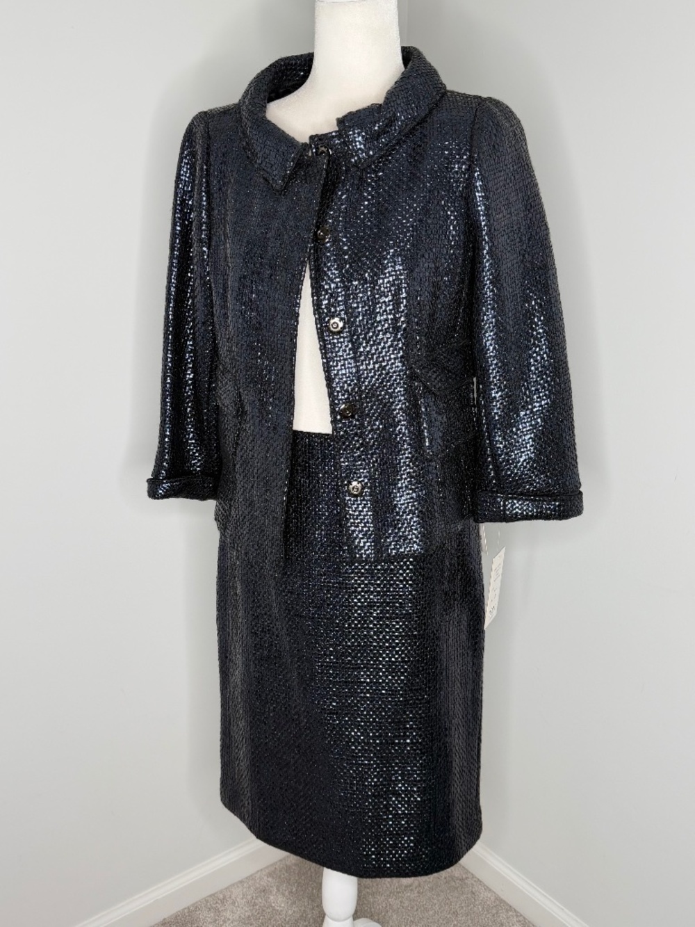 NWT Jon Teri Jon Sports Metallic SHine Black Tweed Blazer Skirt Suit 8